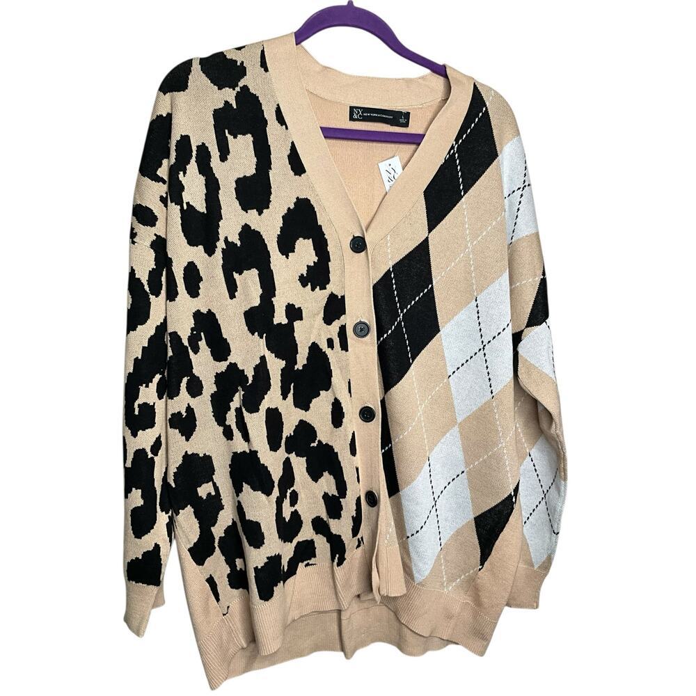 New York & Company Oversized Cardigan Argyle Animal Print Multicolor Size L NWT